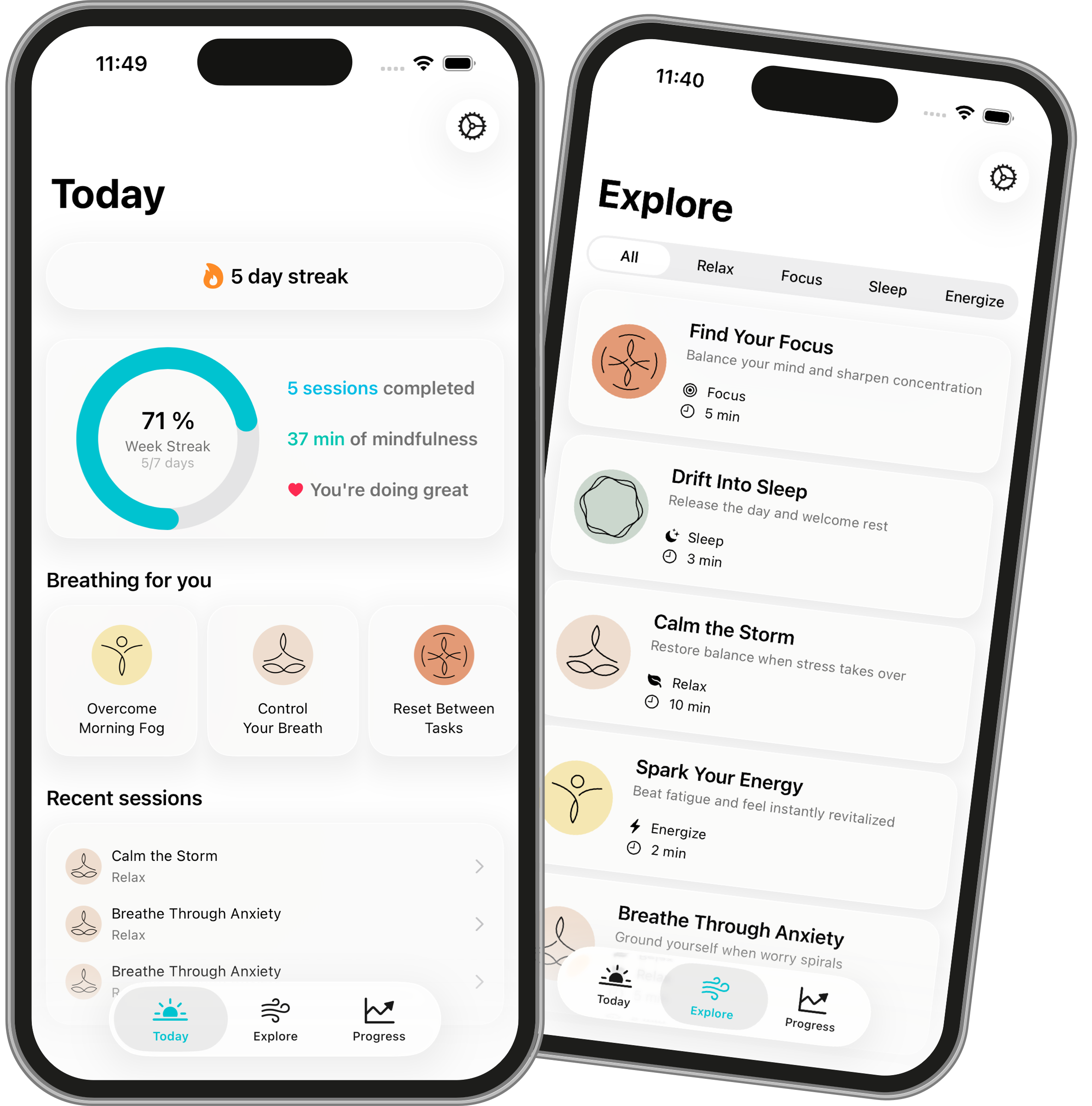 Breathful app showing guided breathing exercise interface with visual timer and breathing pattern