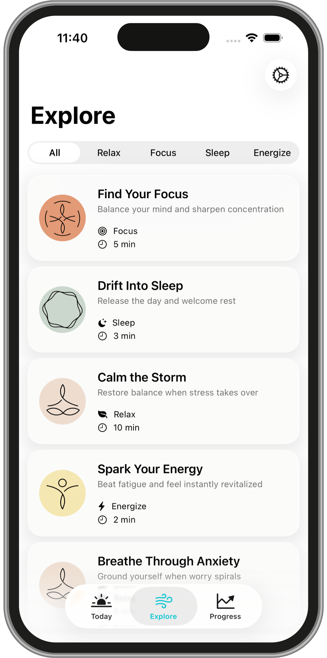 Breathful app showing breathing exercise selection and categories